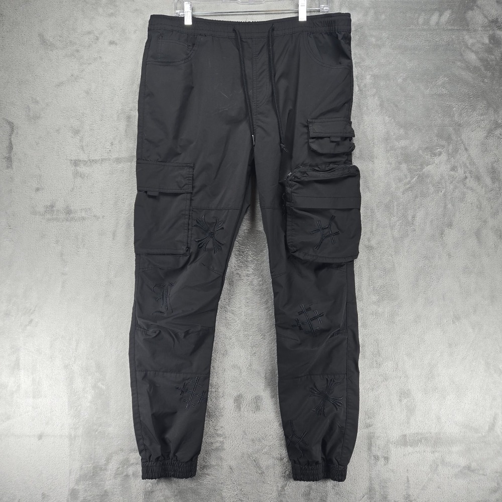 Smoke‎ Rise Utility Windbreaker Cargo Pants Men's XL Black Embroidered 36x30